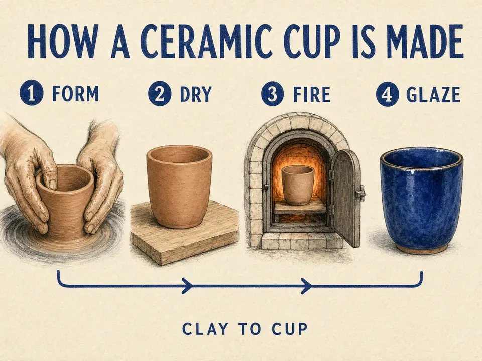 Four-step ceramic cup process poster with numbered illustrations and a clear reading path