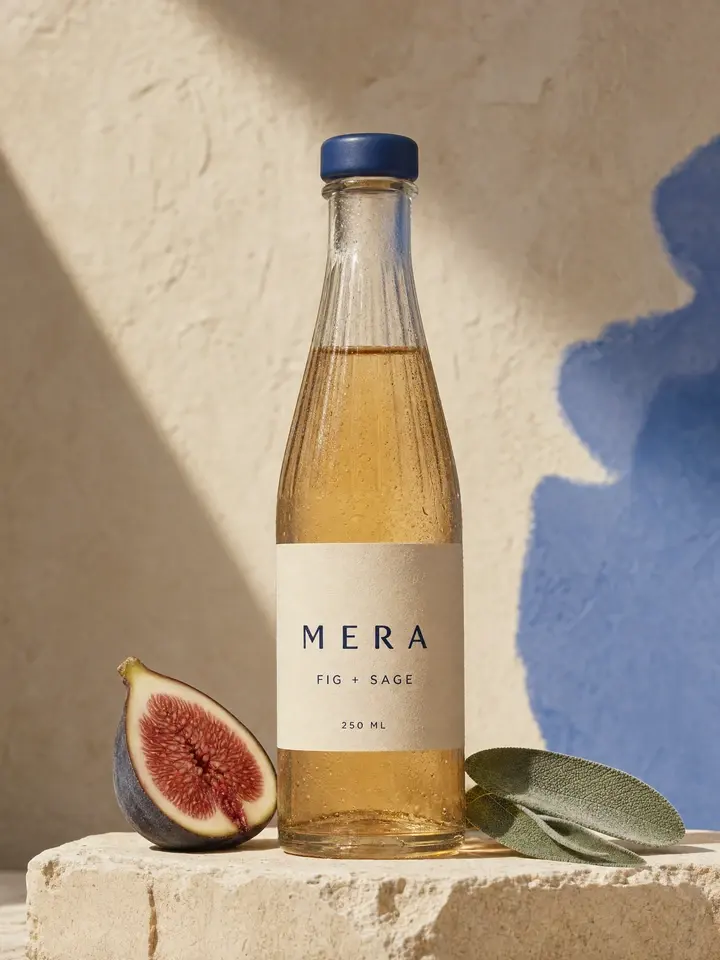 Fictional MERA botanical drink bottle photographed with fig, sage, and limestone