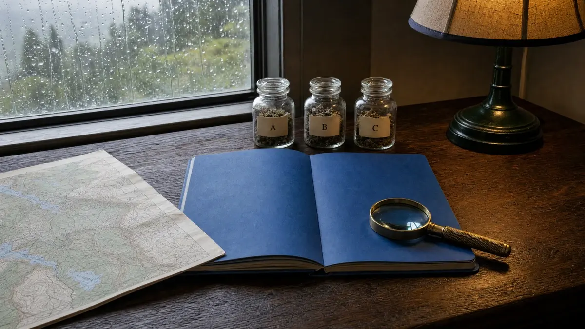 Research desk arranged with a notebook, magnifier, three specimen jars, map, and lamp