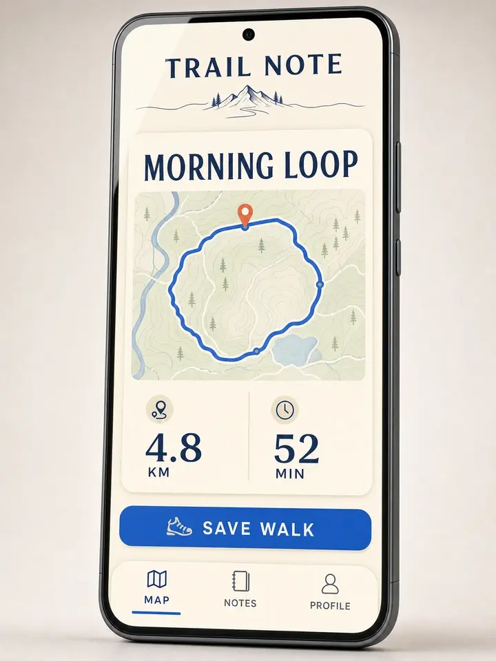 TRAIL NOTE mobile walking-journal interface shown on one phone