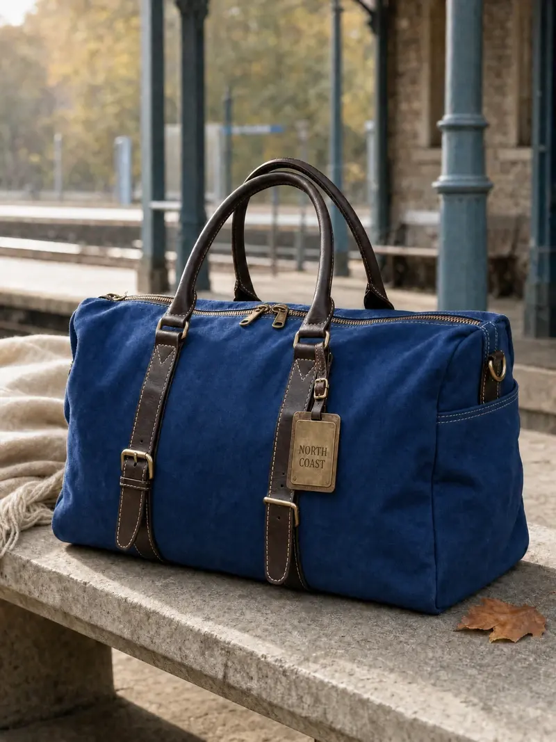 The same travel bag edited to cobalt blue with a NORTH COAST brass tag