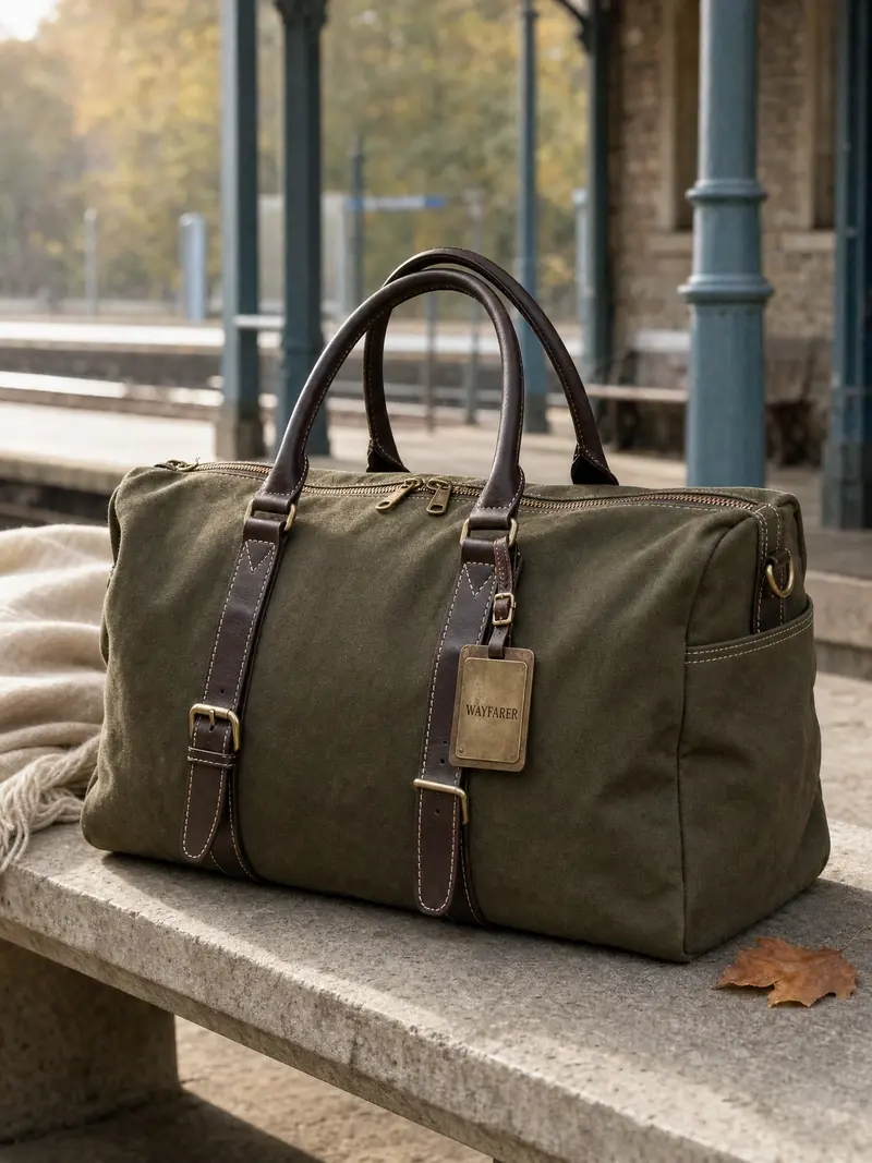 Olive-green canvas travel bag on a stone bench before a GPT Image 2 edit