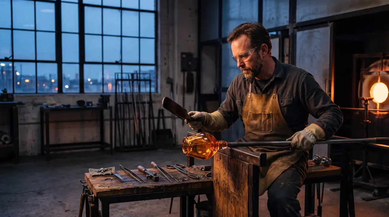 Adult glass artist shaping amber glass in a dawn-lit studio
