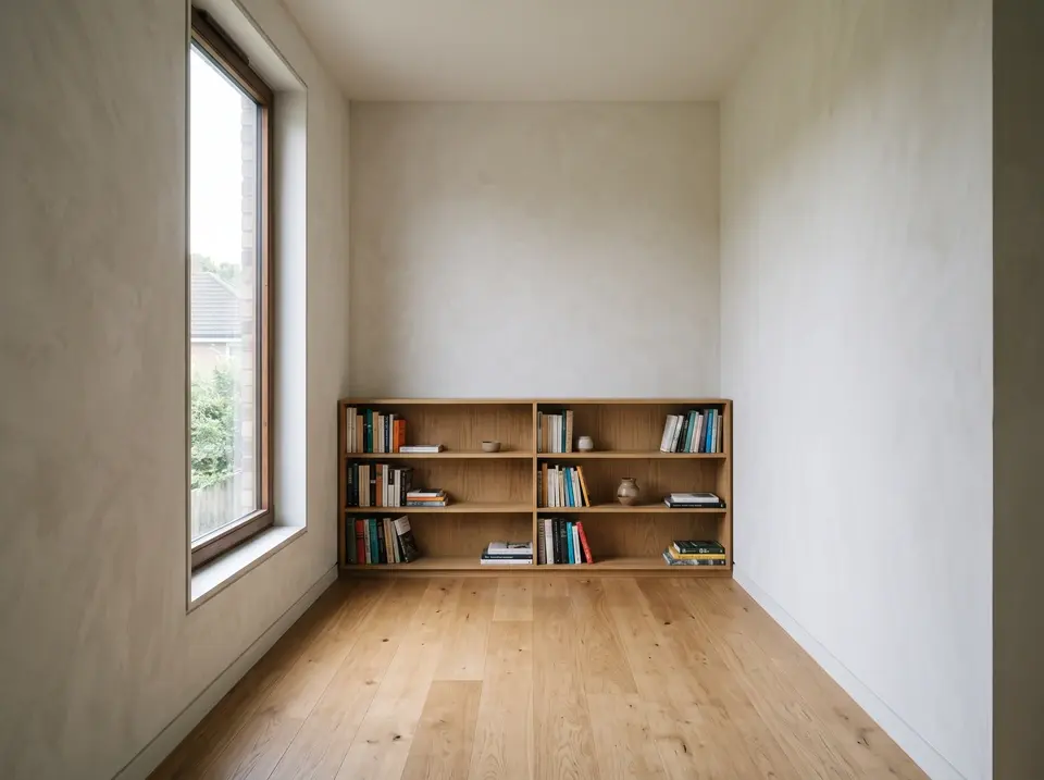 Empty reading room with oak floor, built-in bookcase, and morning window light