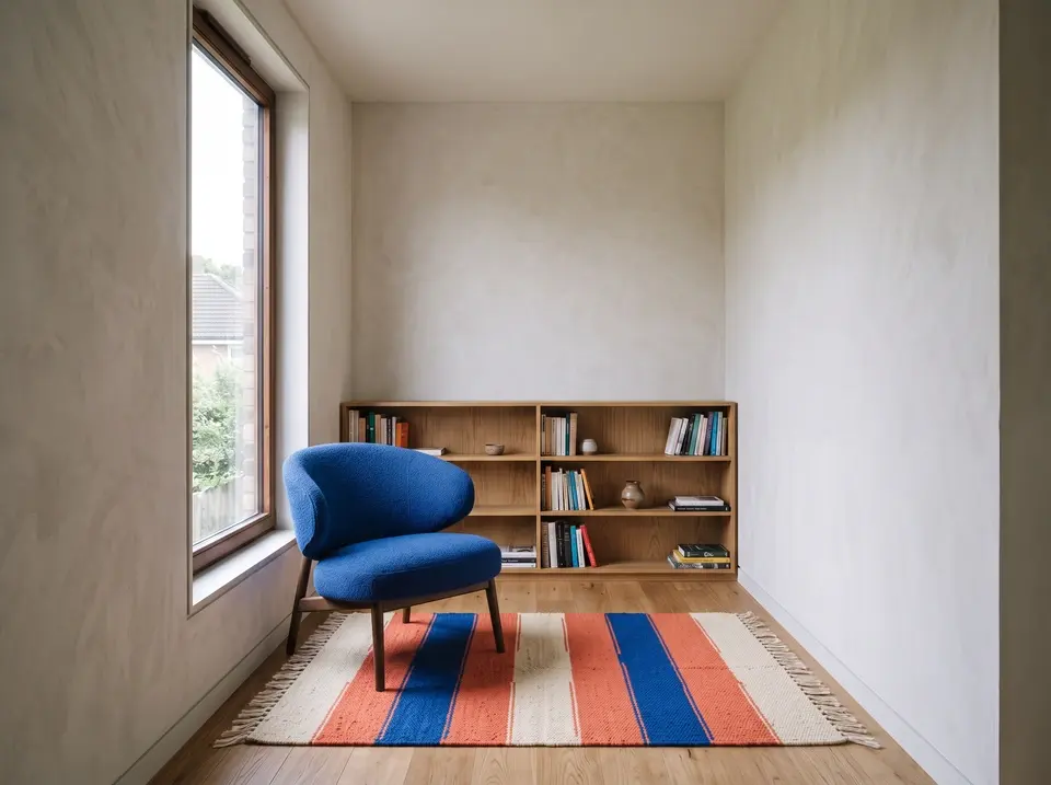 Reading room composed with a cobalt chair and striped woven rug from two references