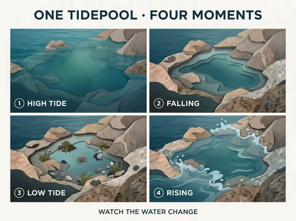 Four-panel tidepool visual showing high, falling, low, and rising tide moments