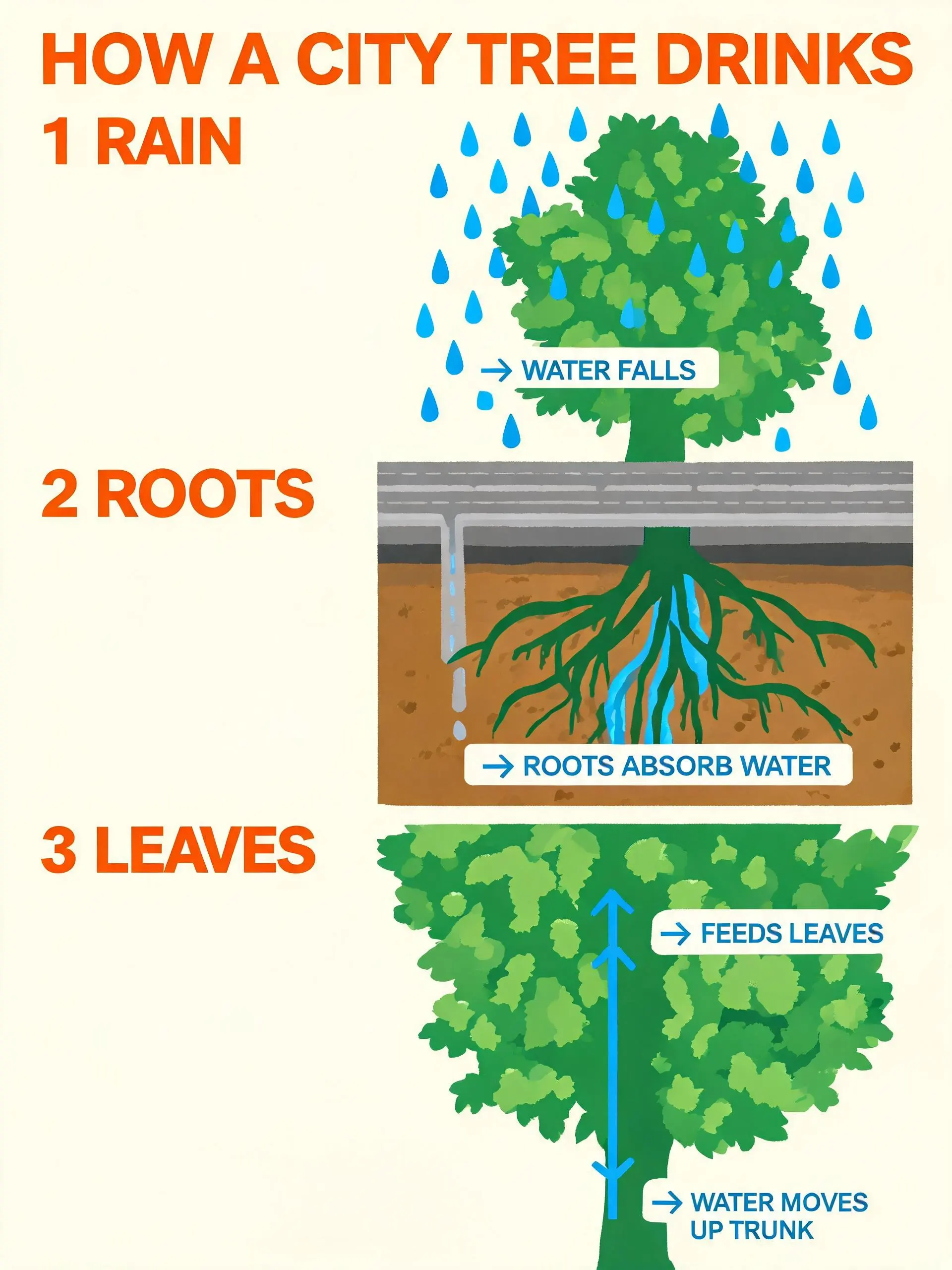 Educational city-tree poster showing rain, roots, and leaves in three steps