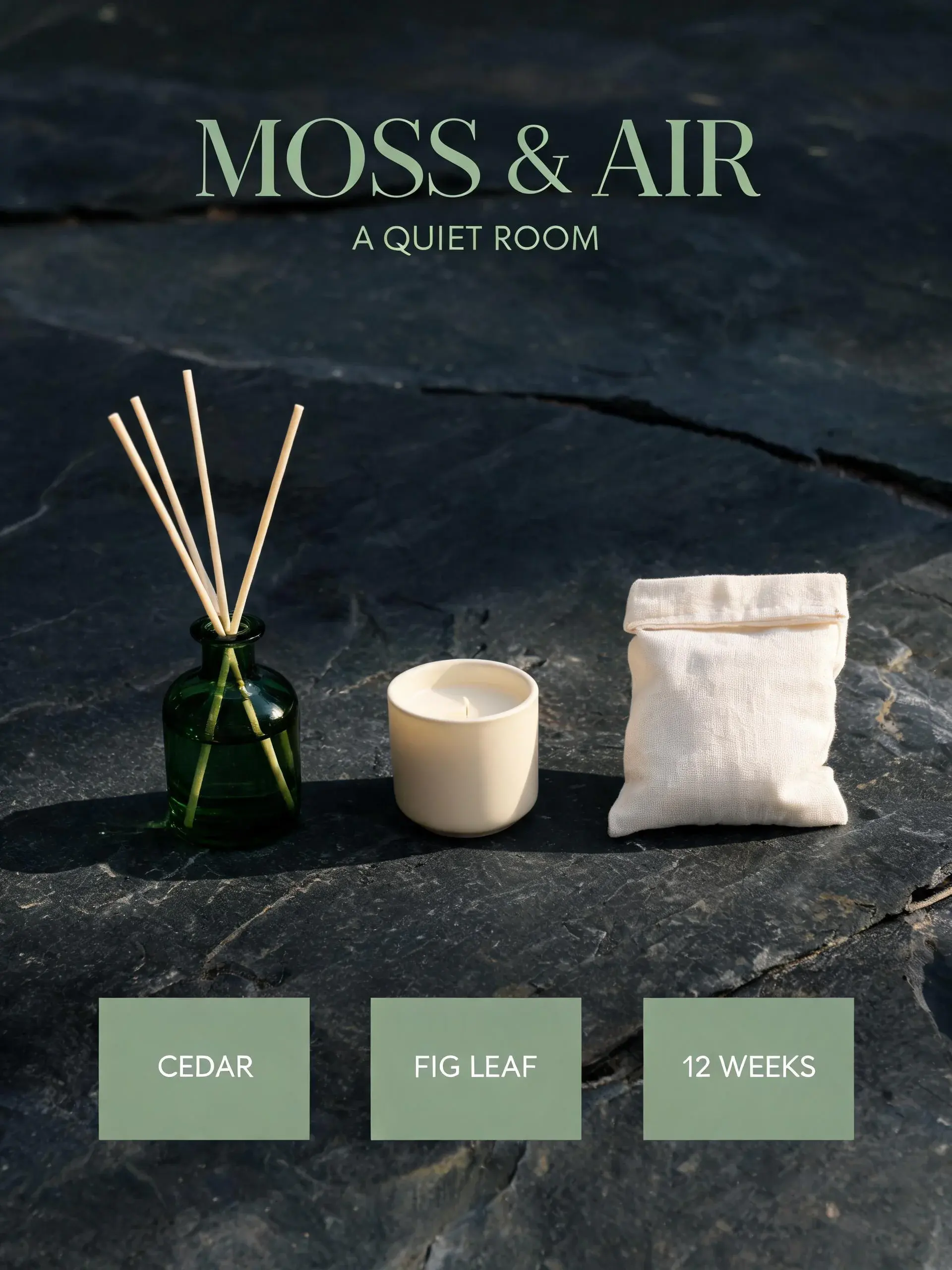 Fictional home fragrance ecommerce campaign with three products and short copy