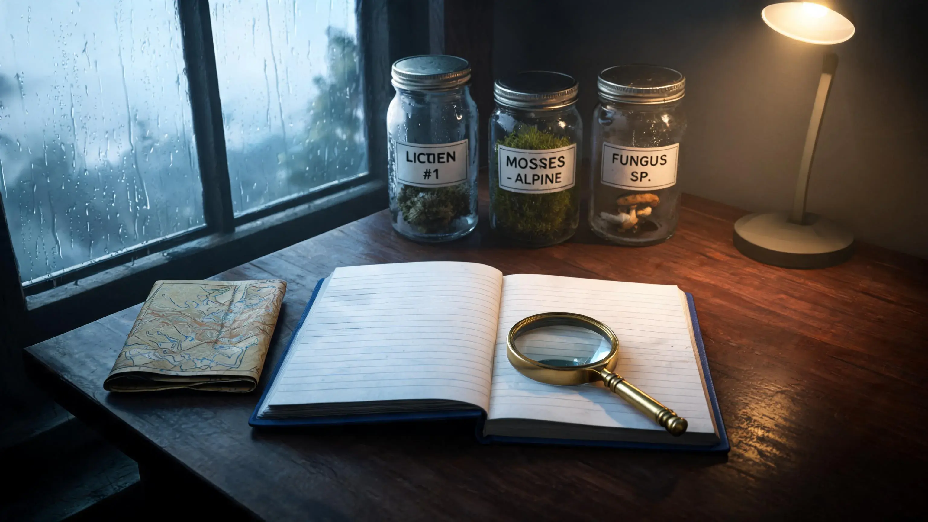 Research desk arranged with a notebook, magnifier, specimen jars, map, and lamp