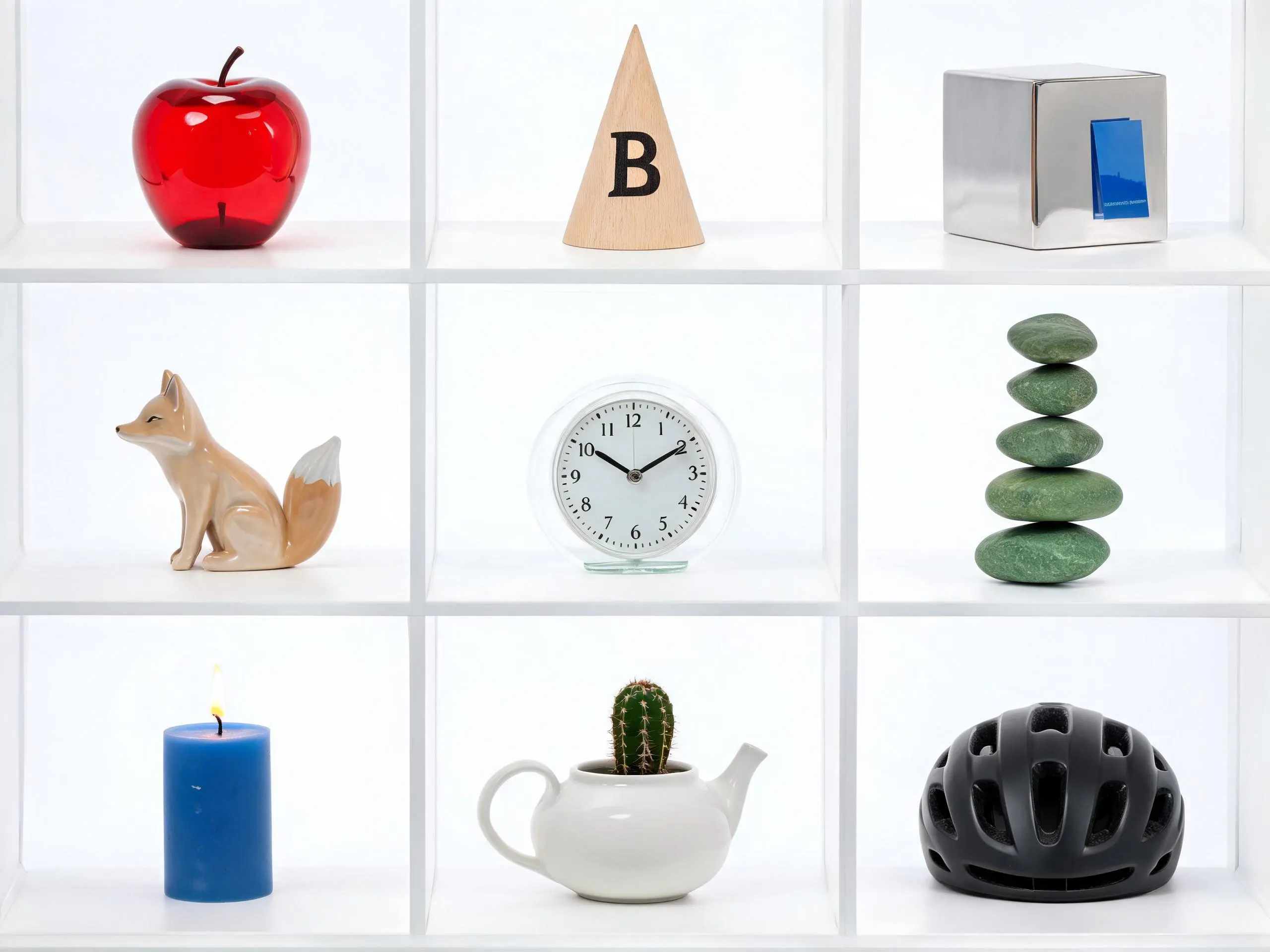 Nine-object display cabinet arranged by position, color, number, and direction