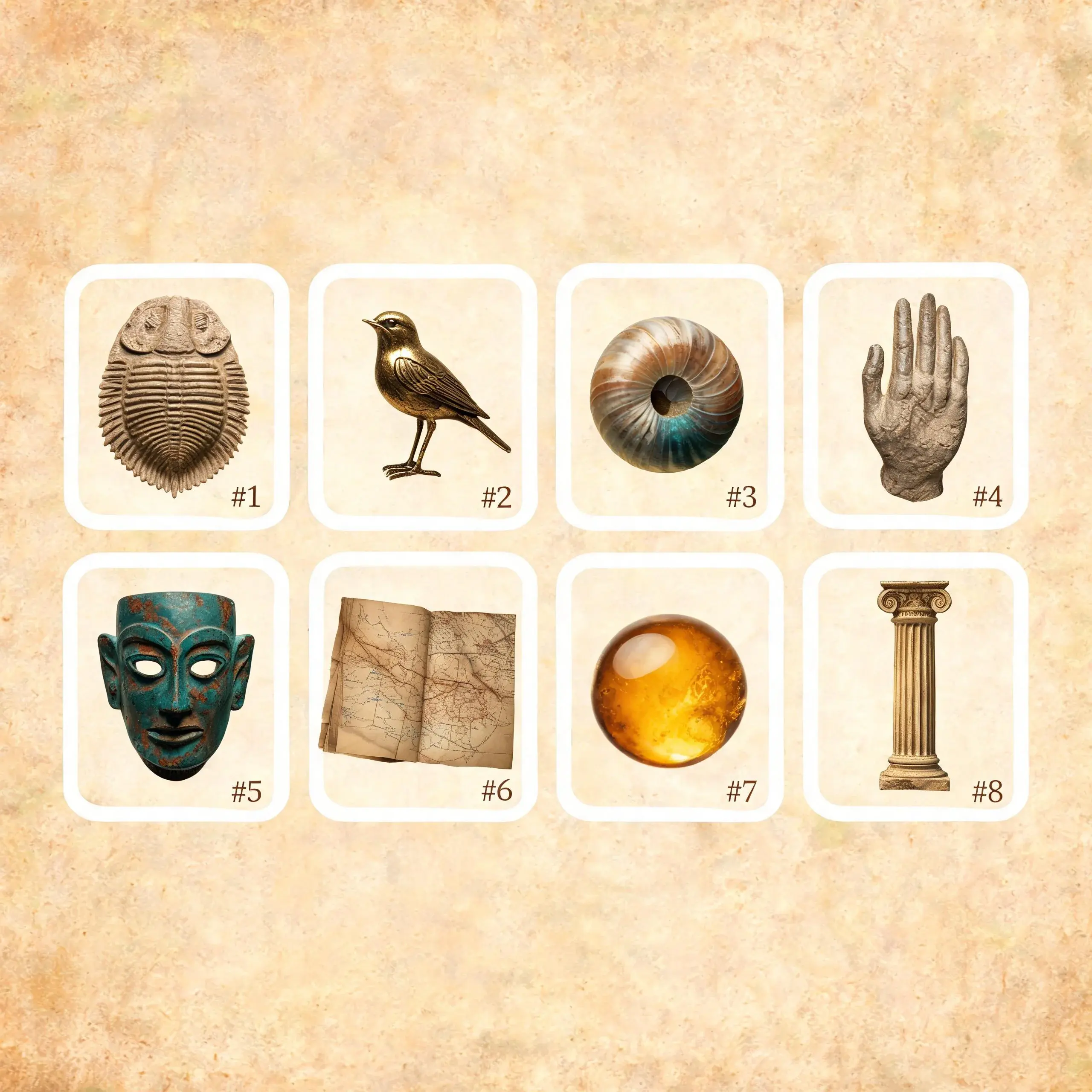 Square museum-journal sticker sheet with eight original objects