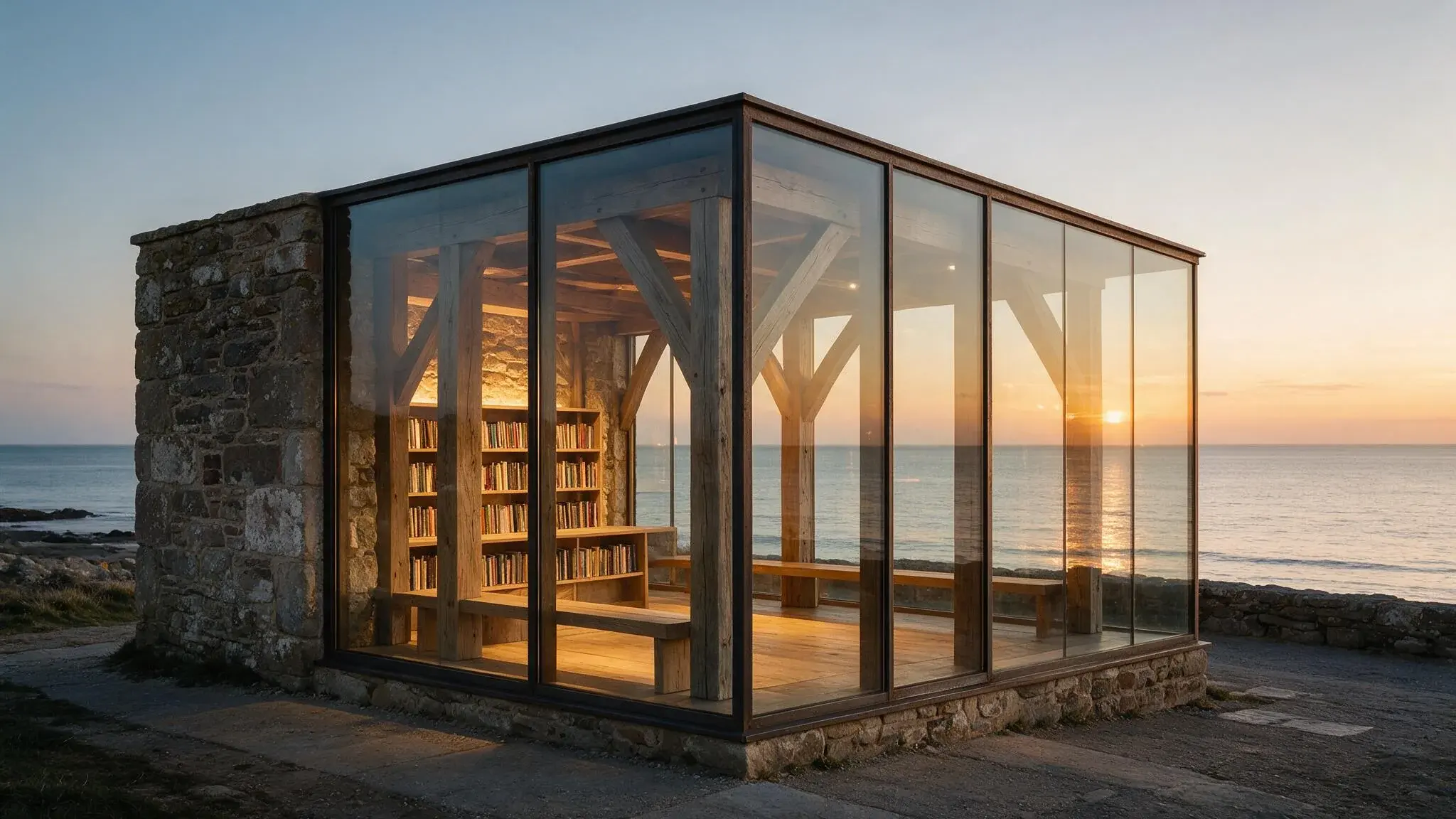 Coastal reading pavilion with glass, stone, oak, and sunset reflections
