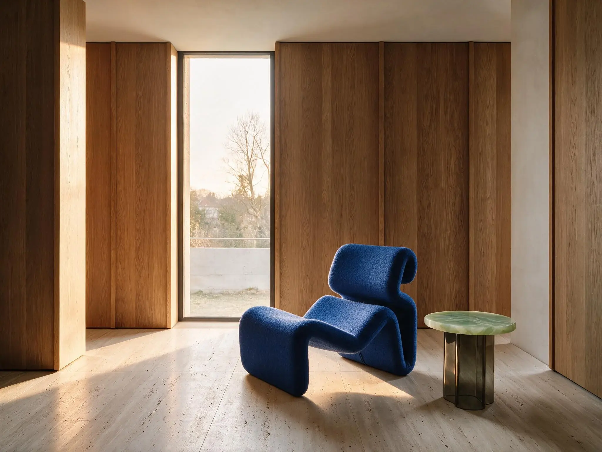 Reading room with edited chair material, table surface, and afternoon light