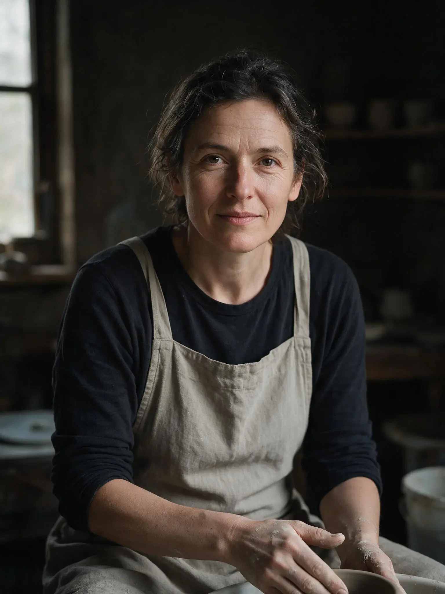 Editorial portrait of an adult ceramic artist in a softly lit studio