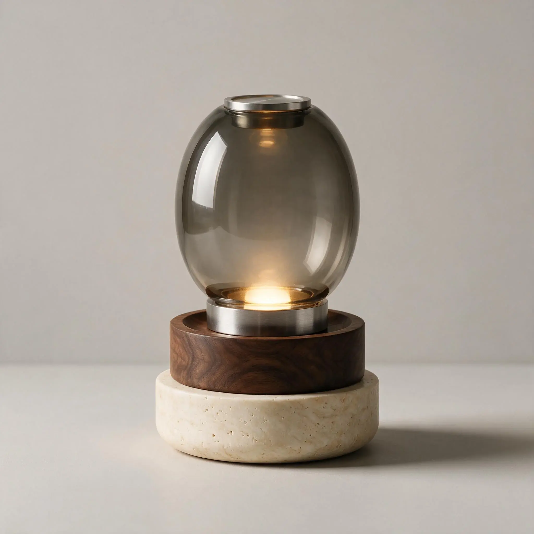 Tabletop lamp material study with glass, steel, stone, and walnut