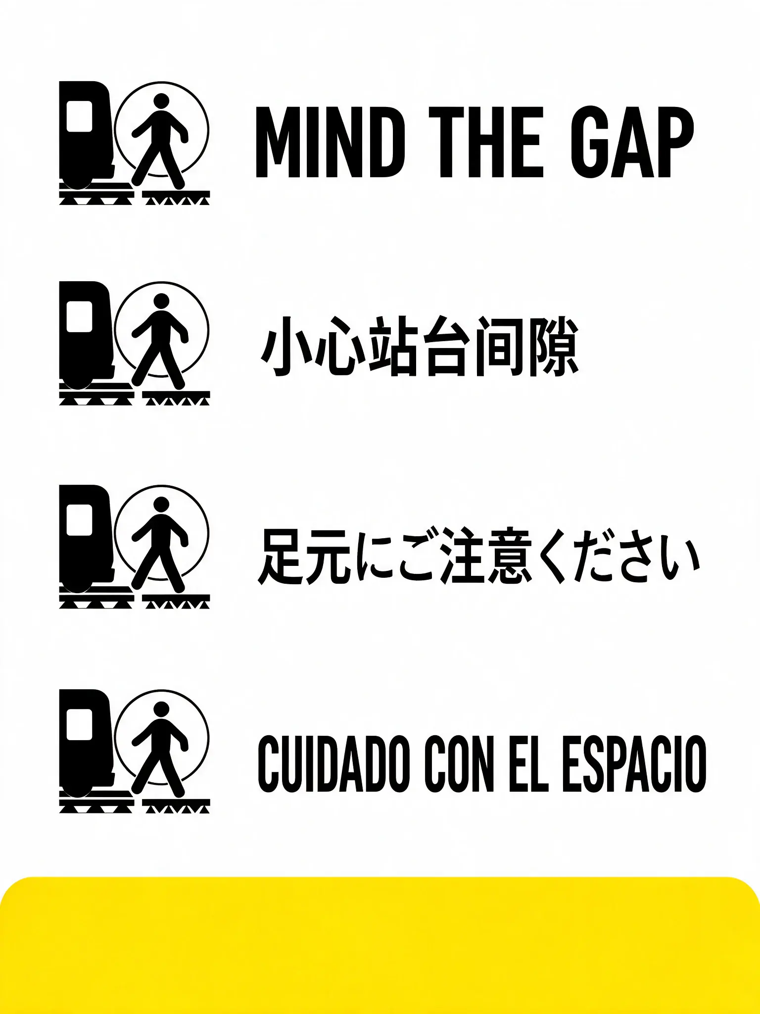 Multilingual public transit poster in English, Chinese, Japanese, and Spanish