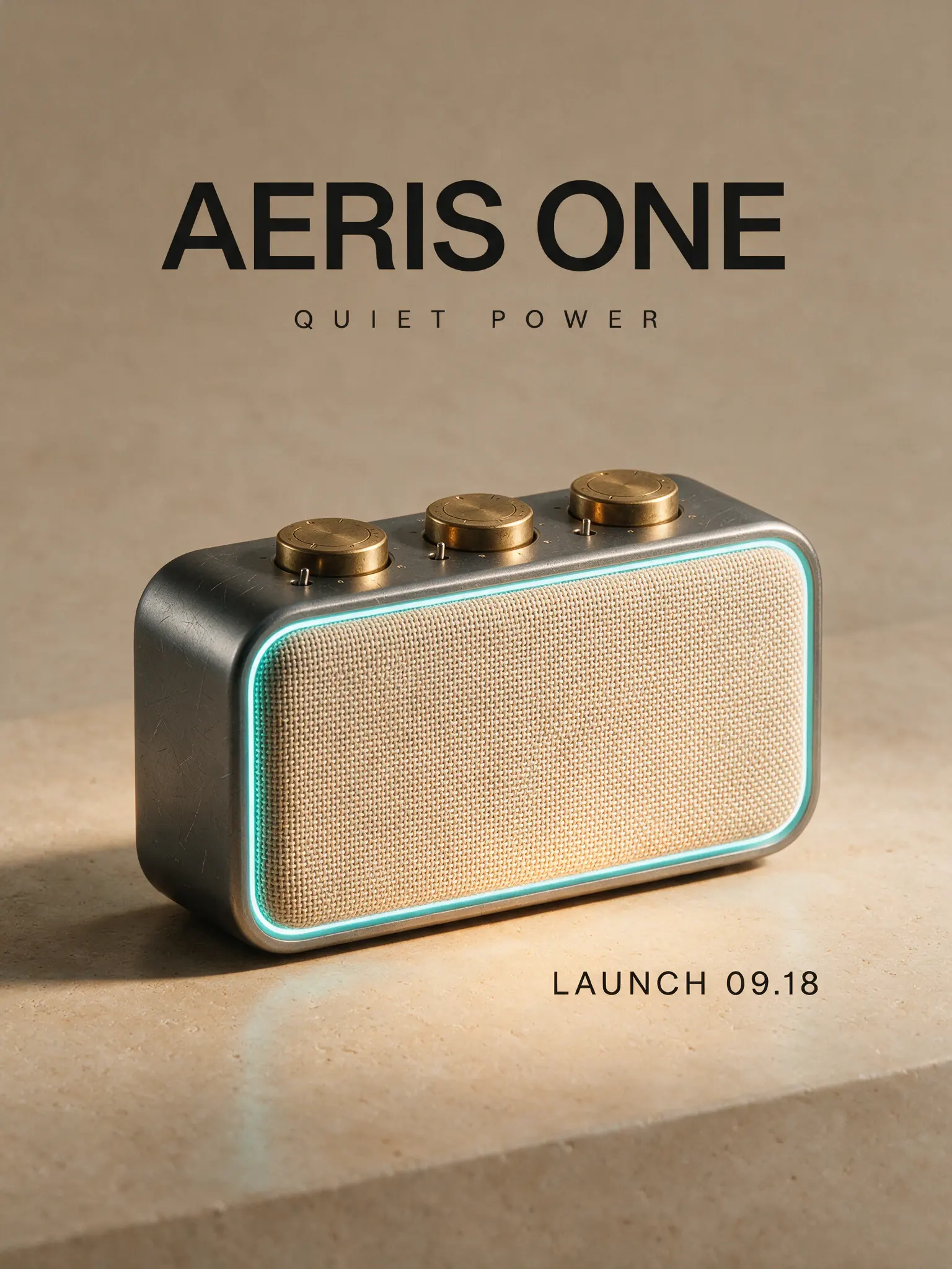 Fictional AERIS ONE speaker launch poster with aluminum and woven materials