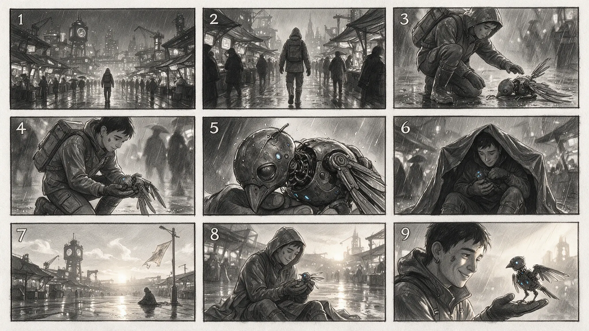 Nine-panel storyboard about a courier and a mechanical bird