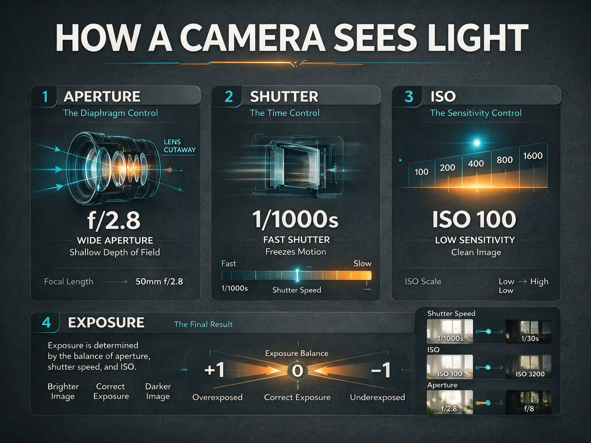 Camera exposure infographic with four labeled sections and technical diagrams