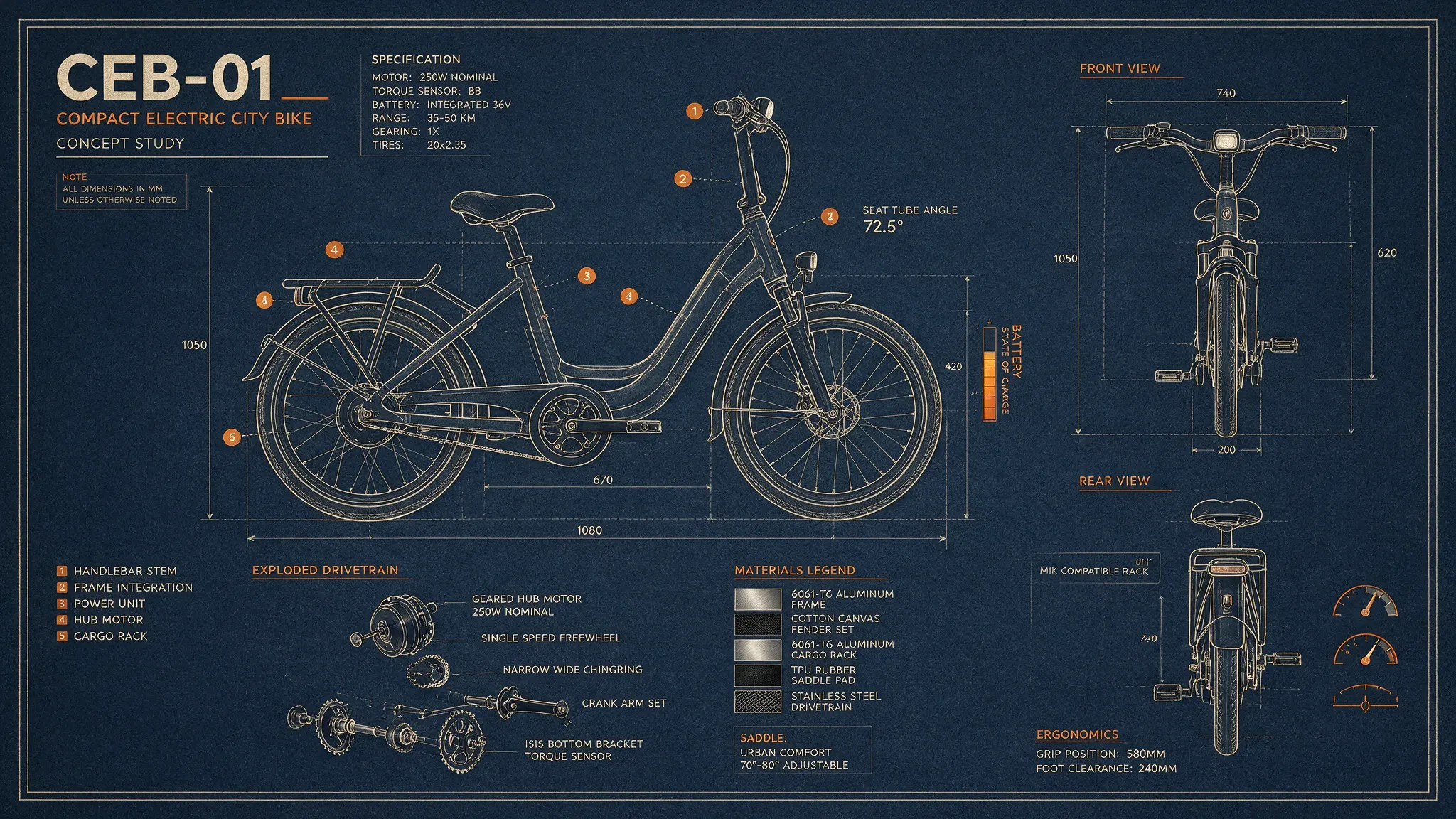 Technical blueprint of a fictional electric city bike with multiple views
