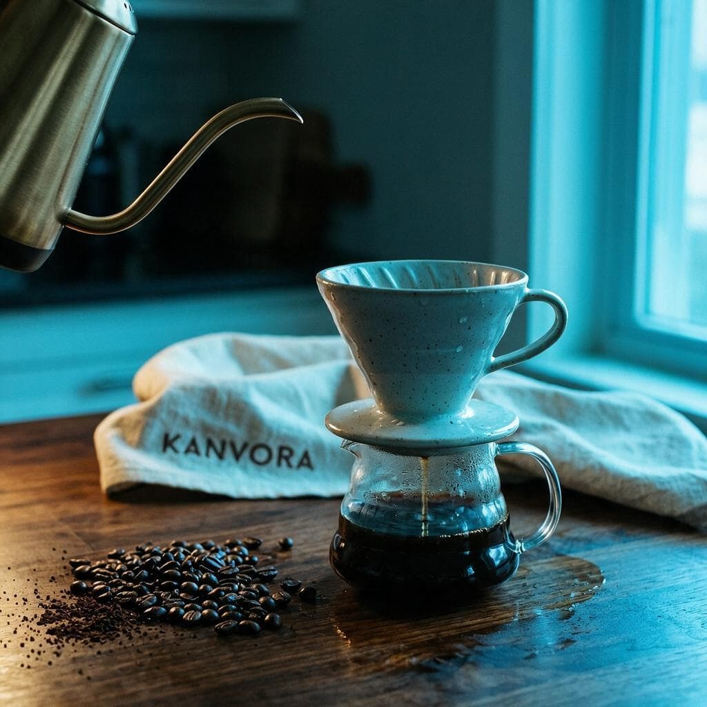 After edit: The same pour-over coffee setup relit with cool blue-hour window light