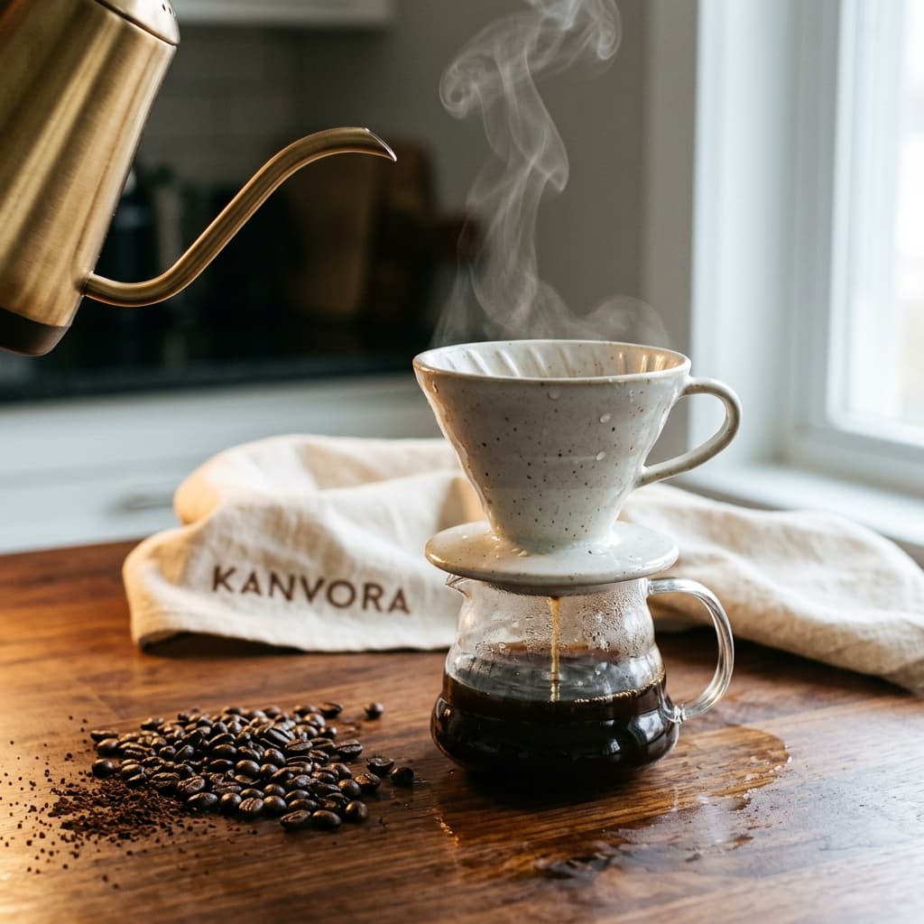 Before edit: A ceramic pour-over coffee dripper, glass carafe, brass kettle, and linen on walnut