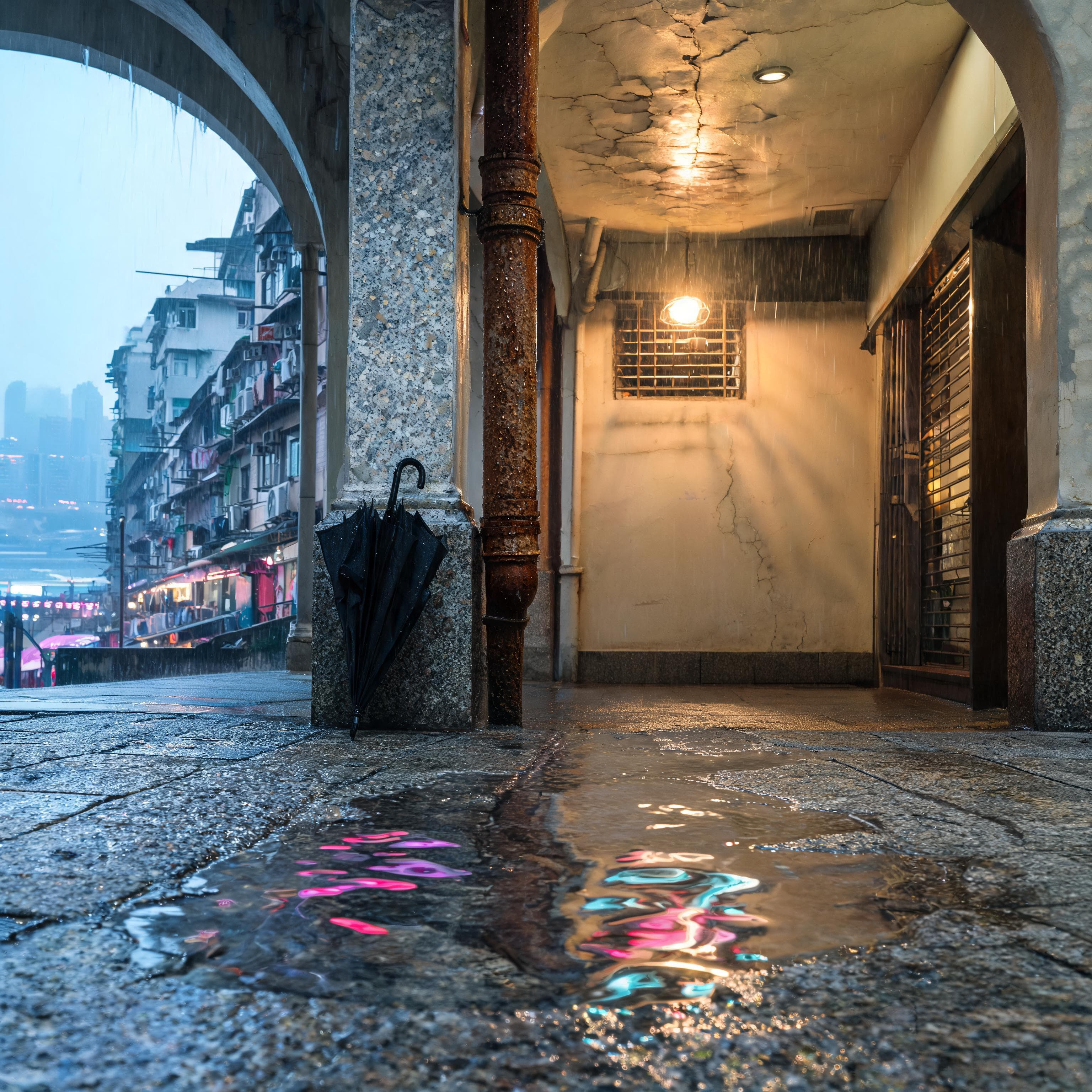 An empty rain-wet stone arcade overlooking Hong Kong harbour lights