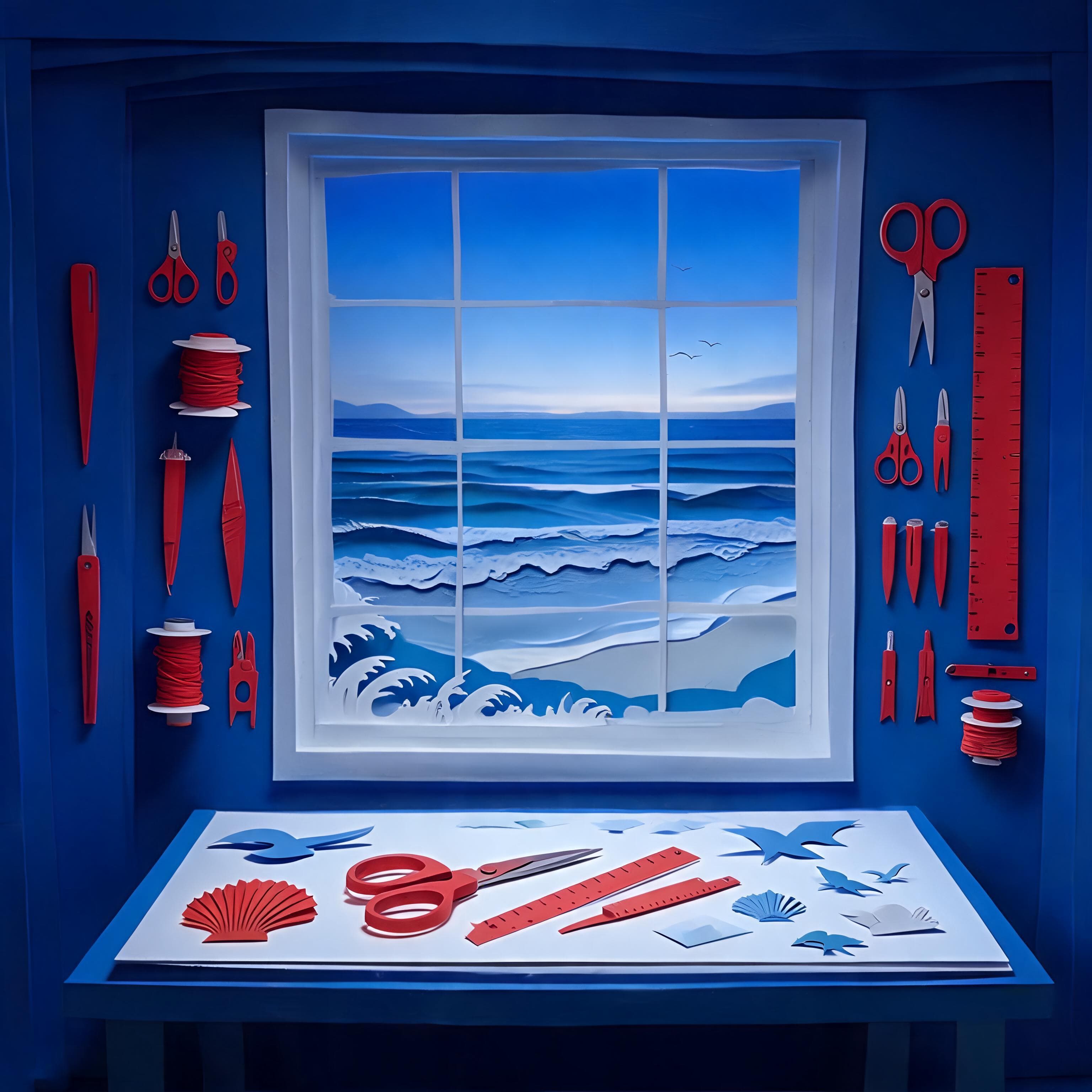 A blue cut-paper coastal workshop with vermilion tools arranged around a window