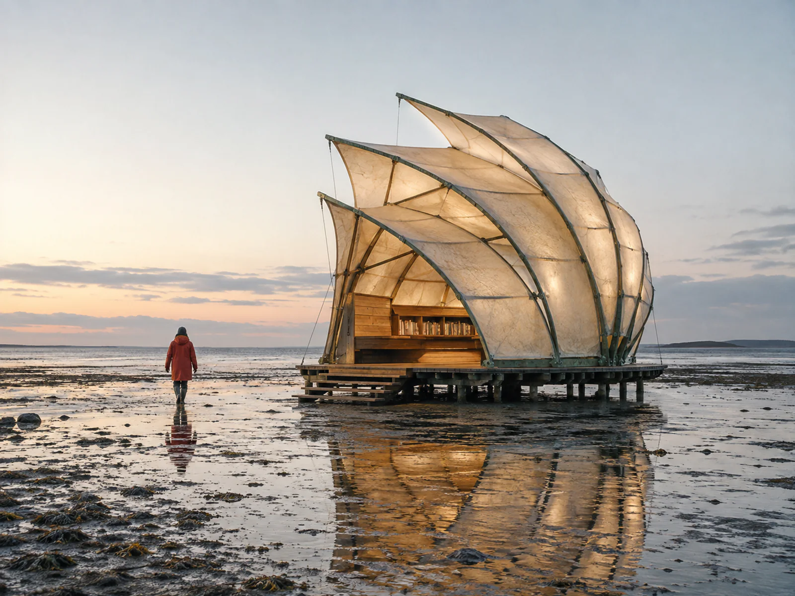 Editorial image of a translucent tidal reading pavilion at dawn generated with Seedream 5.0