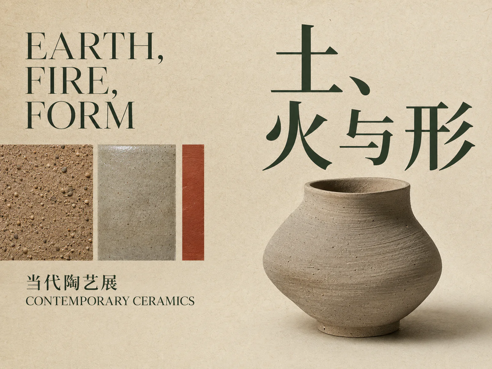 Bilingual Earth, Fire, Form contemporary ceramics exhibition poster in English and Chinese